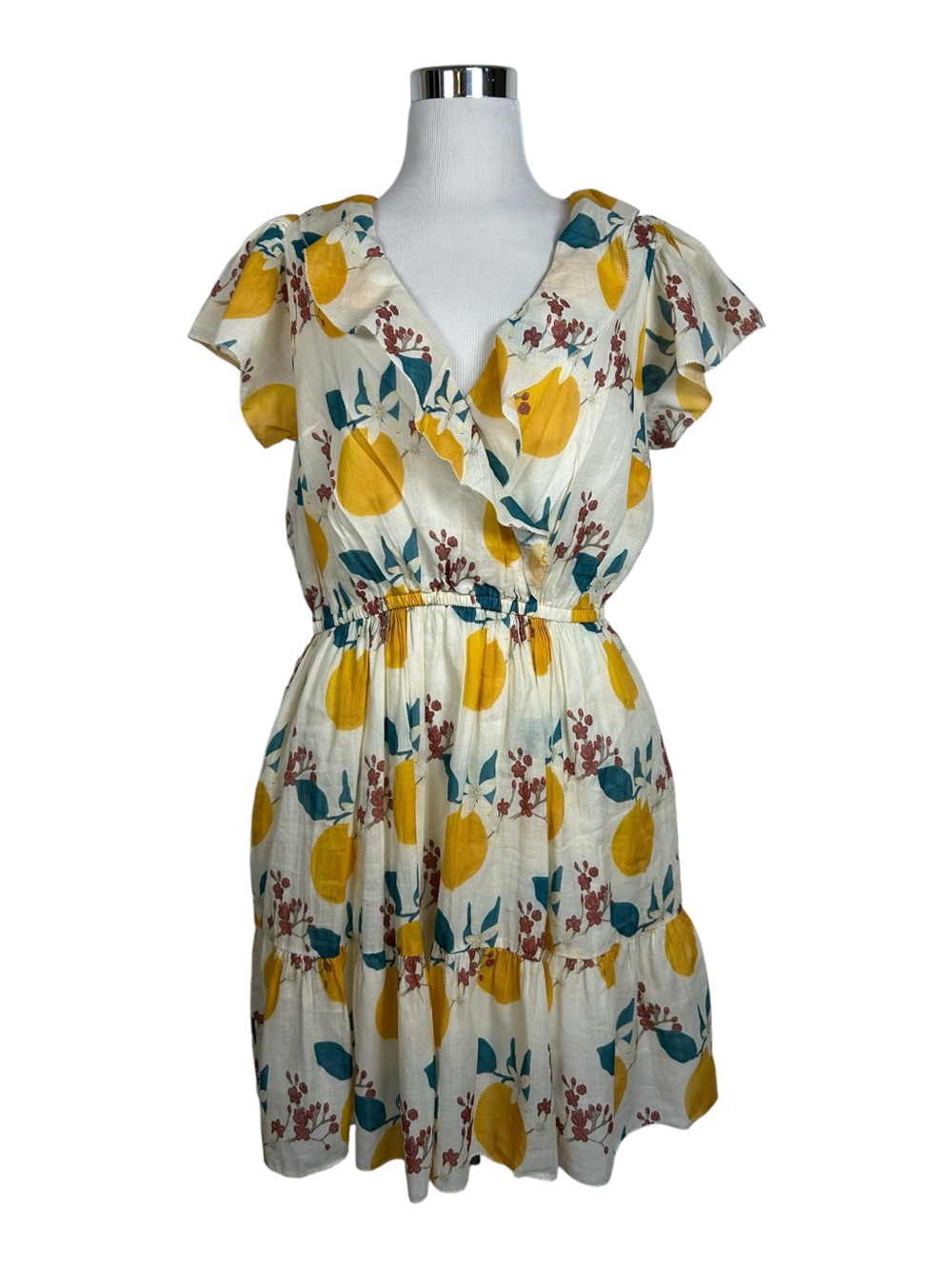 Trovata Birds of Paradis White Lemon Print Flutter-Sleeve Mini Dress